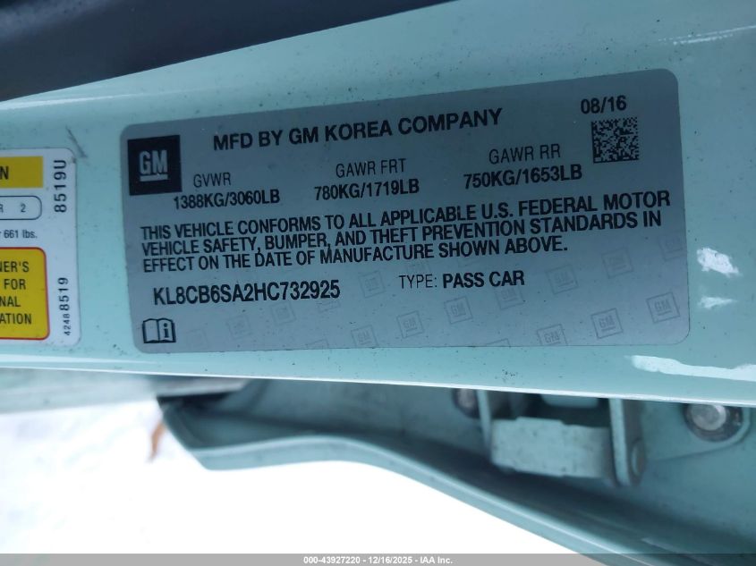 2017 Chevrolet Spark Ls Cvt VIN: KL8CB6SA2HC732925 Lot: 43927220