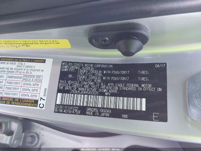 2017 Toyota 4Runner Trd Off Road VIN: JTEBU5JR4H5450025 Lot: 43927225