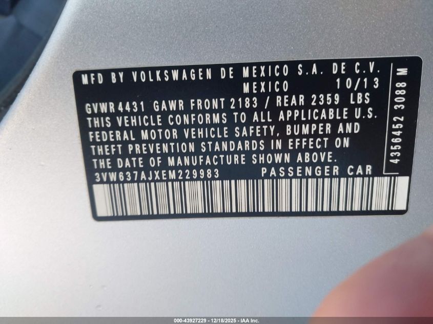 2014 Volkswagen Jetta Hybrid Sel VIN: 3VW637AJXEM229983 Lot: 43927229