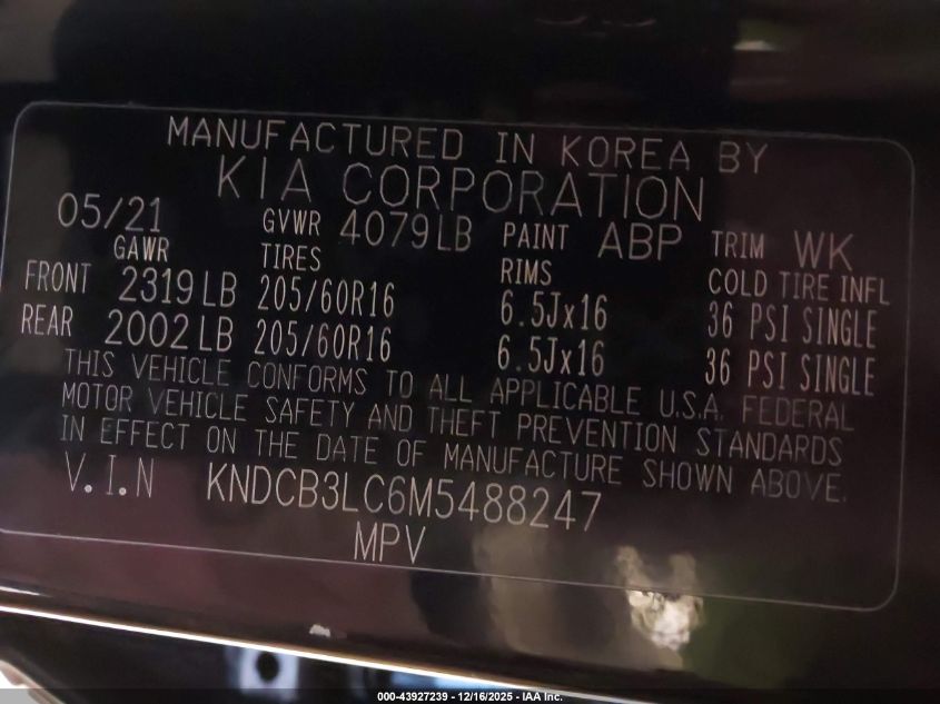2021 Kia Niro Lx VIN: KNDCB3LC6M5488247 Lot: 43927239