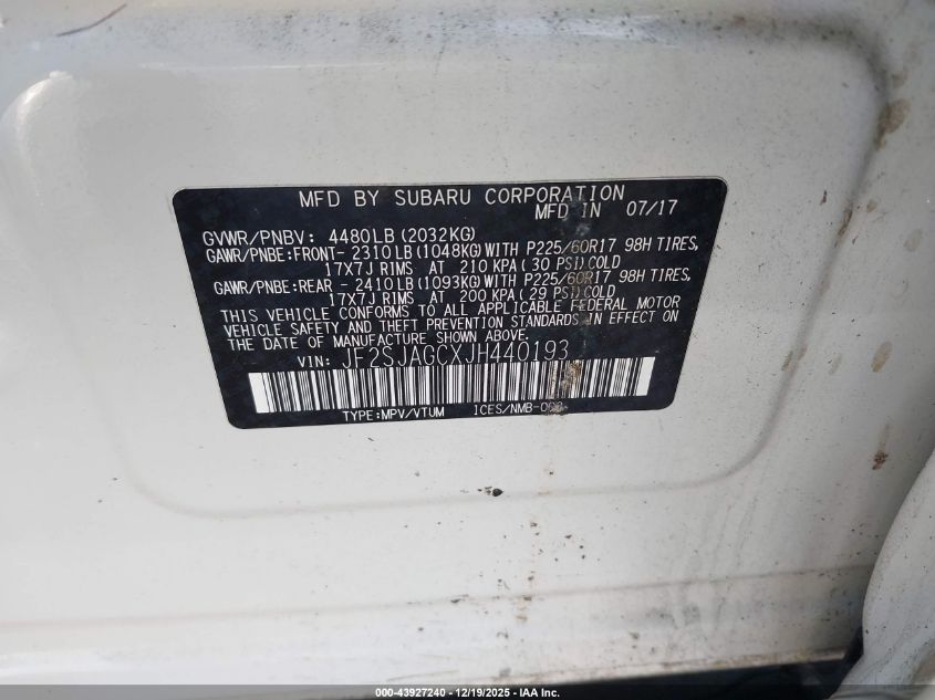 2018 Subaru Forester 2.5I Premium VIN: JF2SJAGCXJH440193 Lot: 43927240