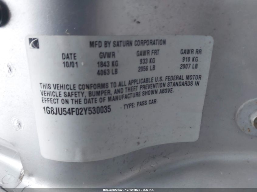 2002 Saturn L-Series L200 VIN: 1G8JU54F02Y530035 Lot: 43927242
