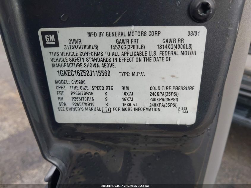 2002 GMC Yukon Xl 1500 Slt VIN: 1GKEC16Z52J115560 Lot: 43927245