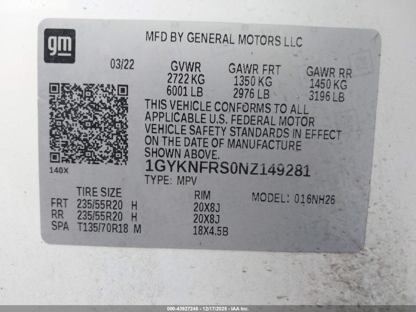 2022 Cadillac Xt5 Awd Premium Luxury VIN: 1GYKNFRS0NZ149281 Lot: 43927248