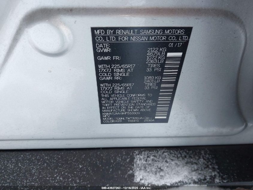 2017 Nissan Rogue Sv VIN: KNMAT2MV9HP553309 Lot: 43927263