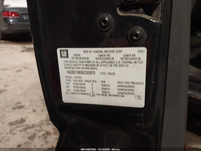 2003 Chevrolet Silverado 1500 Work Truck VIN: 1GCEC19X83Z322873 Lot: 43927264
