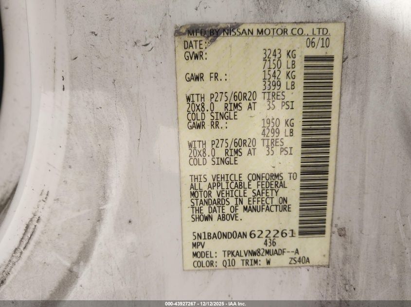 2010 Nissan Armada Titanium VIN: 5N1BA0ND0AN622261 Lot: 43927267