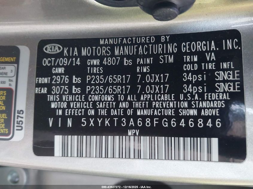 2015 Kia Sorento Lx VIN: 5XYKT3A68FG646846 Lot: 43927272