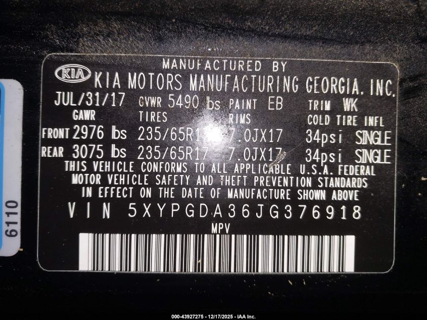 2018 Kia Sorento 2.4L Lx VIN: 5XYPGDA36JG376918 Lot: 43927275