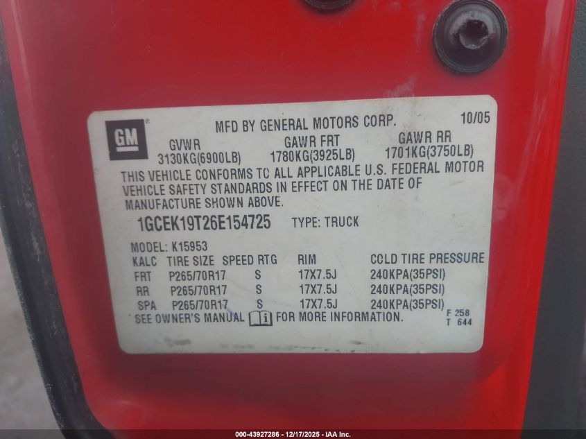 2006 Chevrolet Silverado 1500 Work Truck VIN: 1GCEK19T26E154725 Lot: 43927286