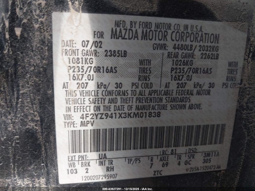 2003 Mazda Tribute Lx V6 VIN: 4F2YZ941X3KM01838 Lot: 43927291
