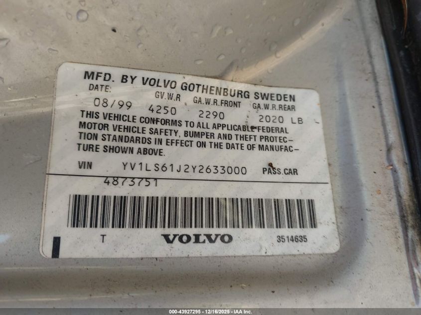 2000 Volvo S70 Se VIN: YV1LS61J2Y2633000 Lot: 43927295