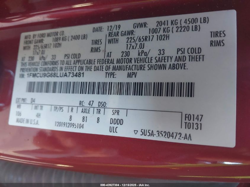 2020 Ford Escape Se VIN: 1FMCU9G68LUA73481 Lot: 43927304