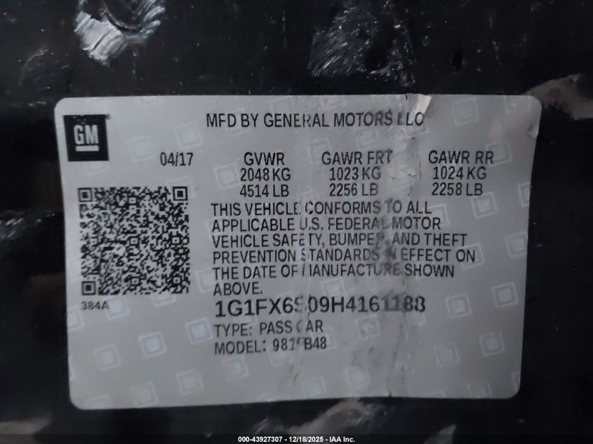 2017 Chevrolet Bolt Ev Premier VIN: 1G1FX6S09H4161188 Lot: 43927307