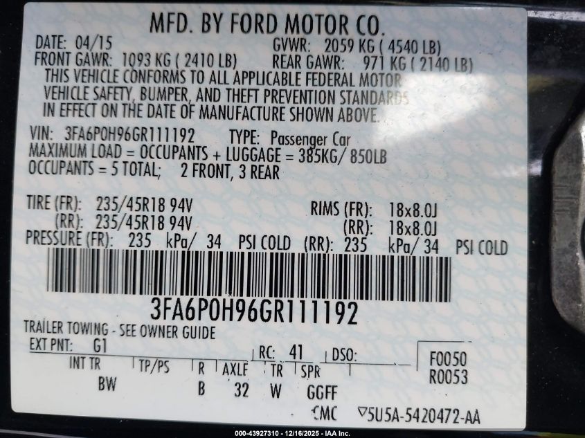 2016 Ford Fusion Se VIN: 3FA6P0H96GR111192 Lot: 43927310