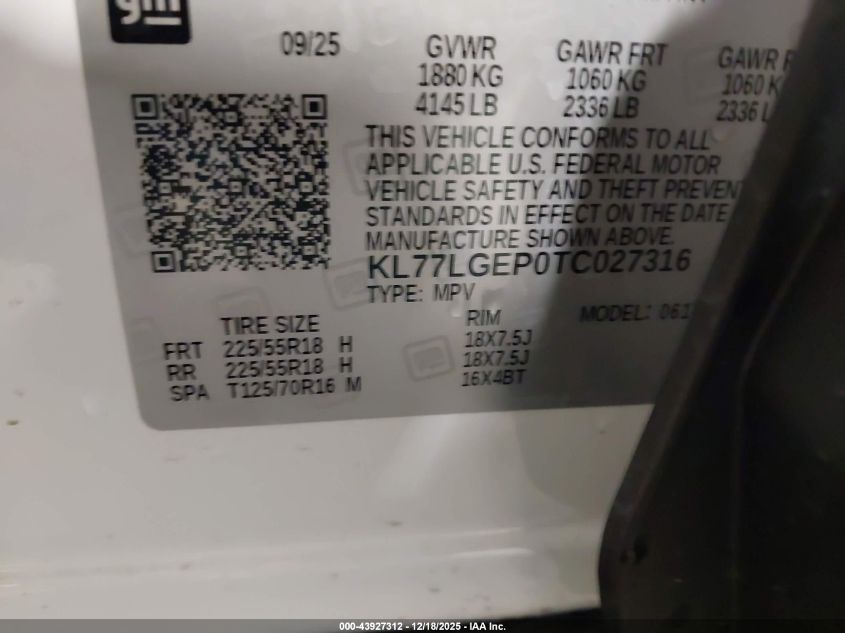 2026 Chevrolet Trax Fwd 1Rs VIN: KL77LGEP0TC027316 Lot: 43927312