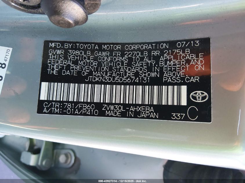 2013 Toyota Prius Two VIN: JTDKN3DU5D5674131 Lot: 43927314