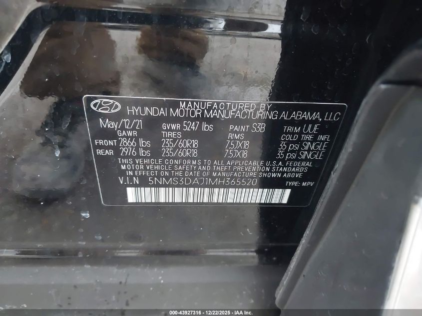 2021 Hyundai Santa Fe Sel VIN: 5NMS3DAJ1MH365520 Lot: 43927316