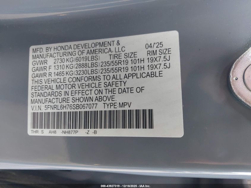 2025 Honda Odyssey Sport-L VIN: 5FNRL6H76SB067077 Lot: 43927319