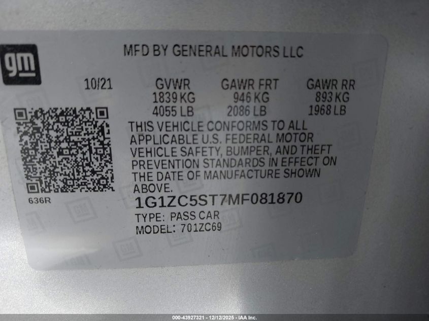 2021 Chevrolet Malibu Fwd 1Fl VIN: 1G1ZC5ST7MF081870 Lot: 43927321