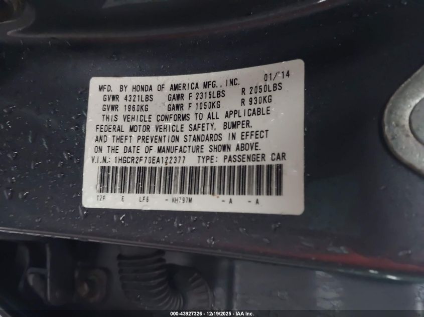 2014 Honda Accord Ex VIN: 1HGCR2F70EA122377 Lot: 43927326