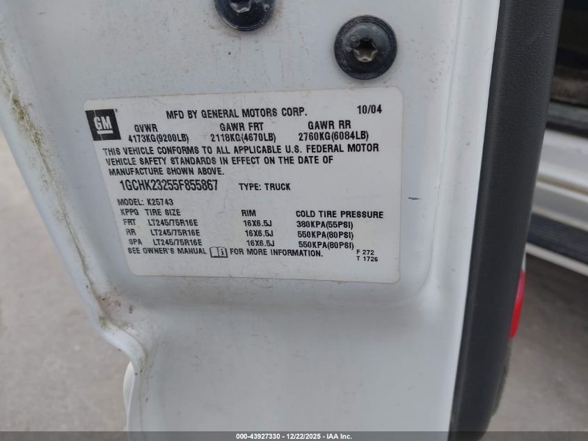 2005 Chevrolet Silverado 2500Hd Lt VIN: 1GCHK23255F855867 Lot: 43927330