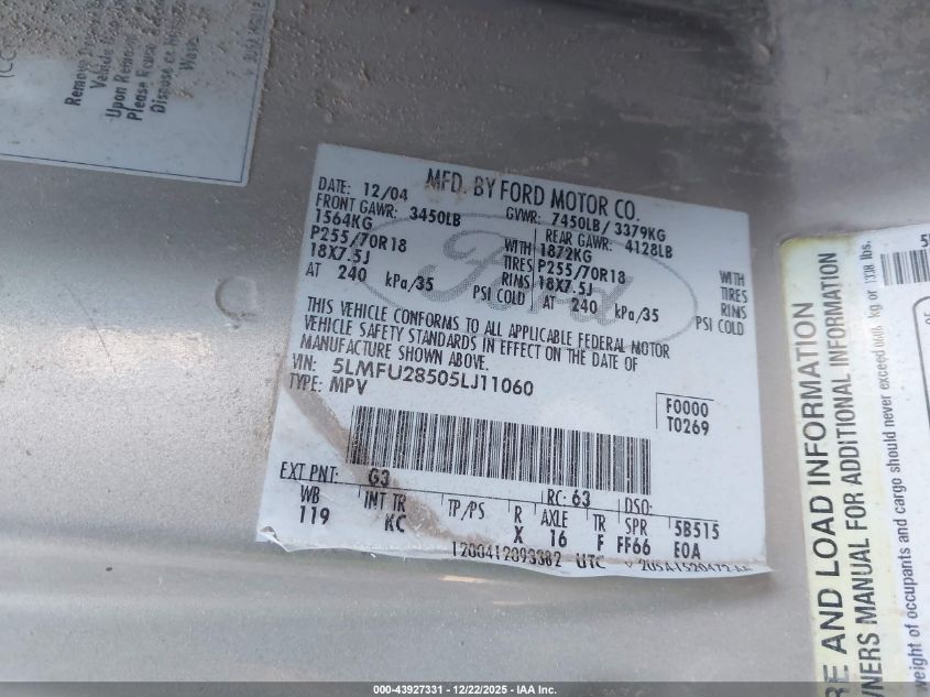 2005 Lincoln Navigator VIN: 5LMFU28505LJ11060 Lot: 43927331