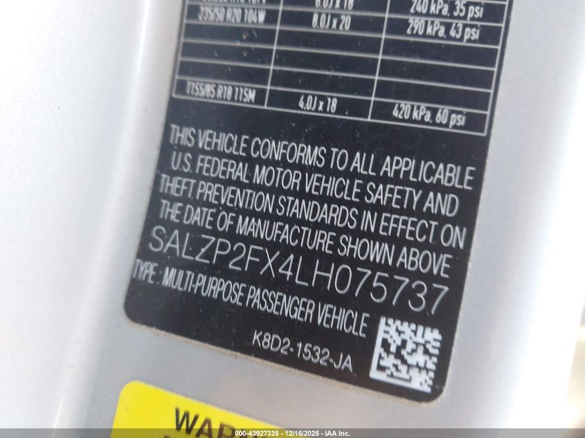 2020 Land Rover Range Rover Evoque Se VIN: SALZP2FX4LH075737 Lot: 43927335