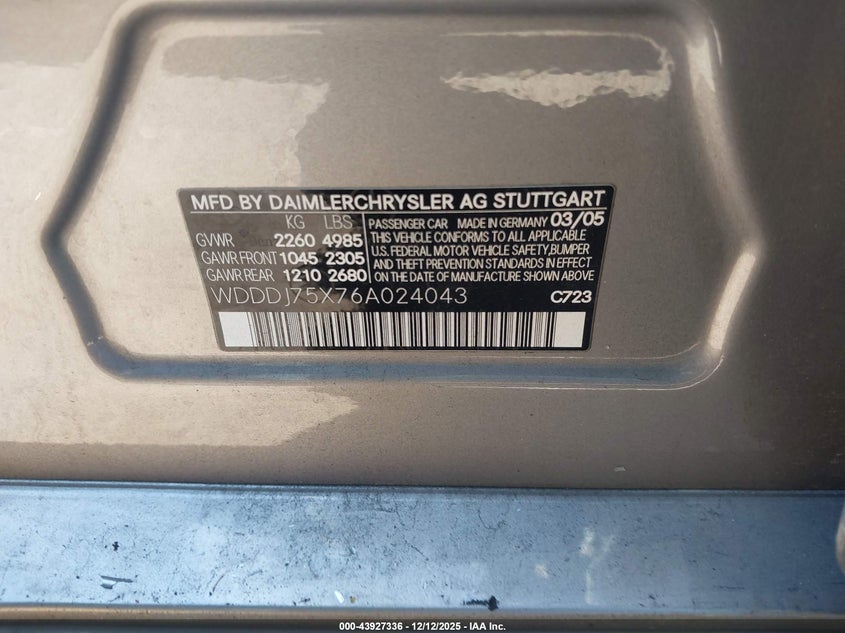 2006 Mercedes-Benz Cls 500 VIN: WDDDJ75X76A024043 Lot: 43927336