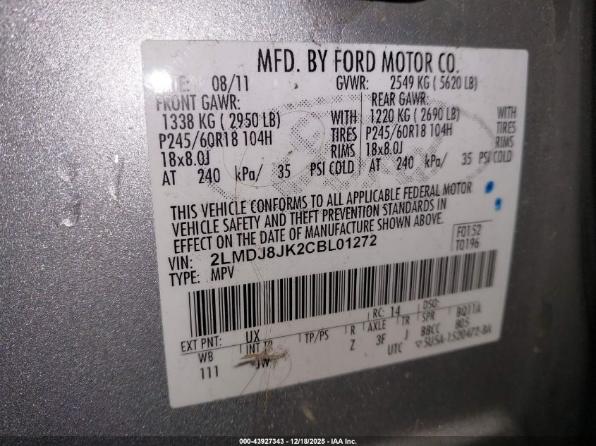 2012 Lincoln Mkx VIN: 2LMDJ8JK2CBL01272 Lot: 43927343