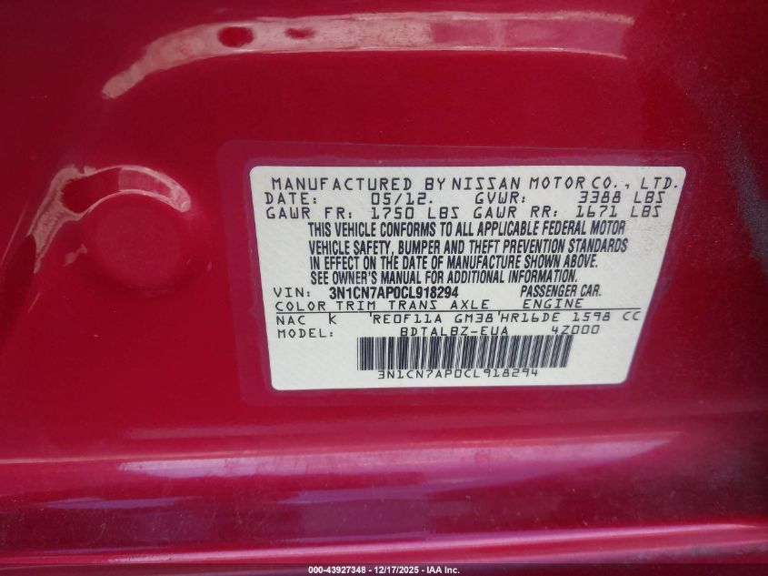 2012 Nissan Versa 1.6 Sv VIN: 3N1CN7AP0CL918294 Lot: 43927348