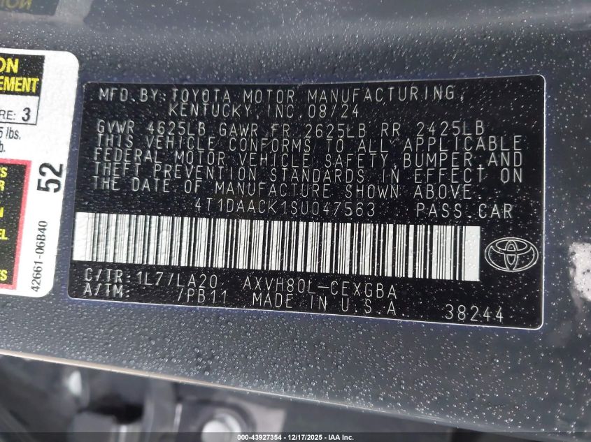 2025 Toyota Camry Xle VIN: 4T1DAACK1SU047563 Lot: 43927354