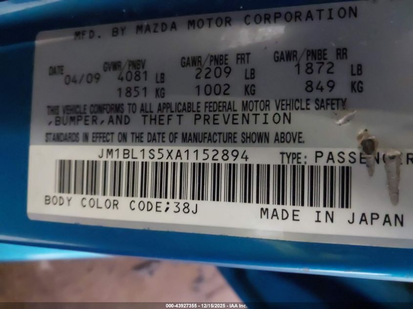 2010 Mazda Mazda3 S Sport VIN: JM1BL1S5XA1152894 Lot: 43927355