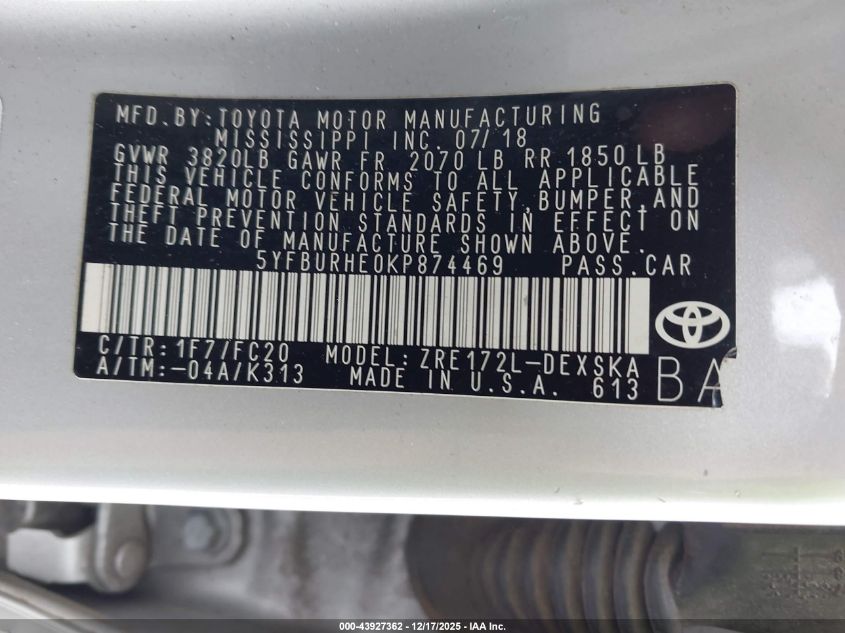 2019 Toyota Corolla Se VIN: 5YFBURHE0KP874469 Lot: 43927362