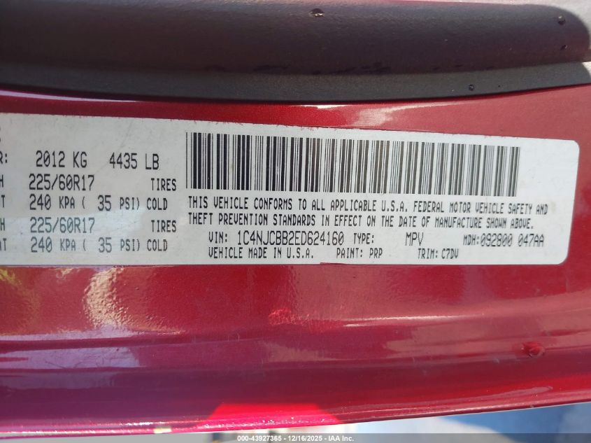 2014 Jeep Compass Sport VIN: 1C4NJCBB2ED624160 Lot: 43927365