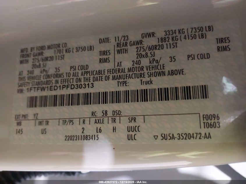 2023 Ford F-150 Xlt VIN: 1FTFW1ED1PFD30313 Lot: 43927372