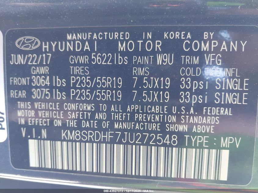 2018 Hyundai Santa Fe Limited Ultimate VIN: KM8SRDHF7JU272548 Lot: 43927373