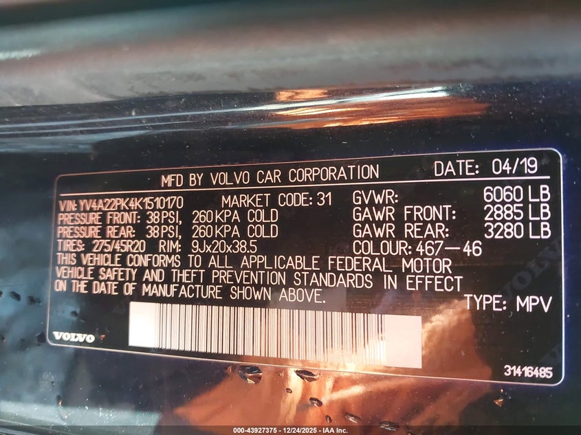 2019 Volvo Xc90 T6 Momentum VIN: YV4A22PK4K1510170 Lot: 43927375