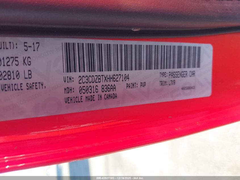 2017 Dodge Challenger R/T VIN: 2C3CDZBTXHH627104 Lot: 43927383