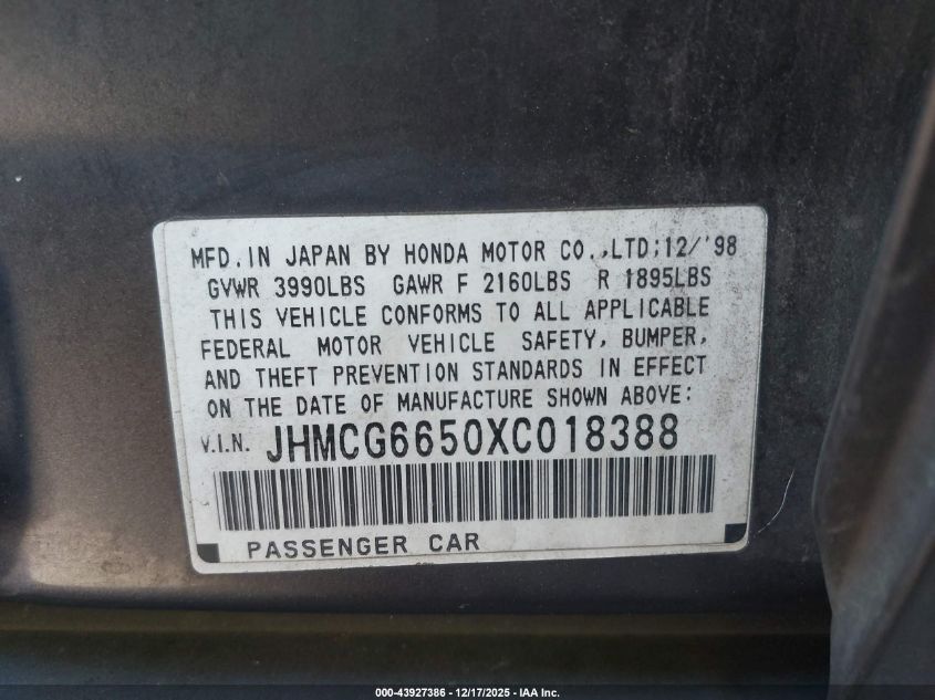 1999 Honda Accord Lx VIN: JHMCG6650XC018388 Lot: 43927386