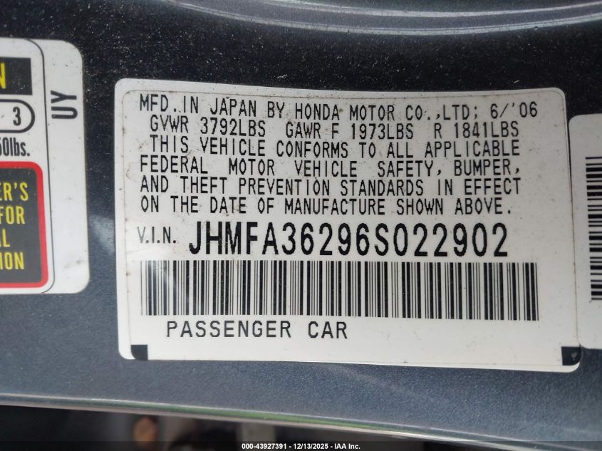 2006 Honda Civic Hybrid VIN: JHMFA36296S022902 Lot: 43927391