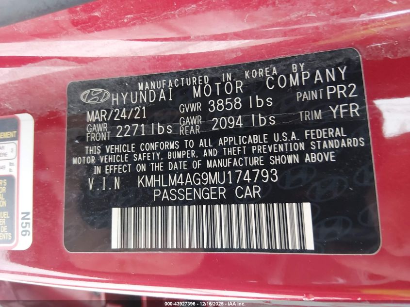 2021 Hyundai Elantra Sel VIN: KMHLM4AG9MU174793 Lot: 43927396