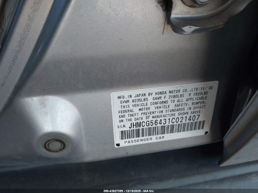 2001 Honda Accord 2.3 Lx VIN: JHMCG56431C021407 Lot: 43927399