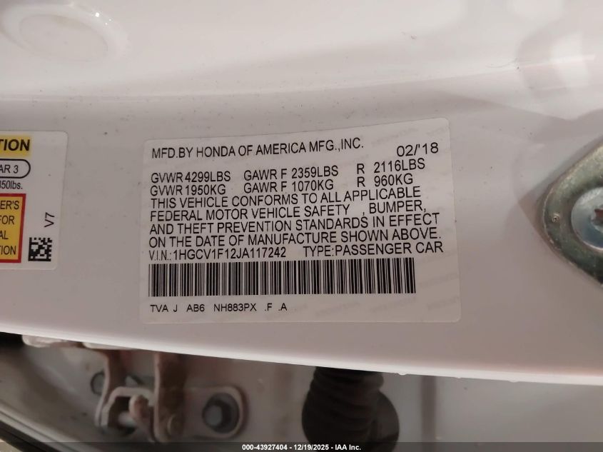 2018 Honda Accord Lx VIN: 1HGCV1F12JA117242 Lot: 43927404