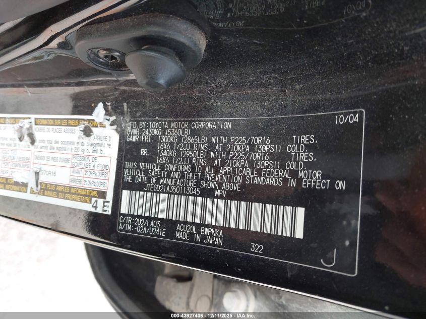 2005 Toyota Highlander VIN: JTEGD21A350113045 Lot: 43927406