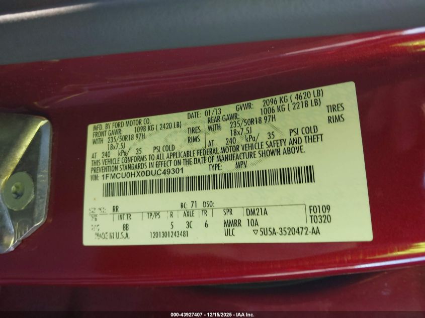 2013 Ford Escape Sel VIN: 1FMCU0HX0DUC49301 Lot: 43927407