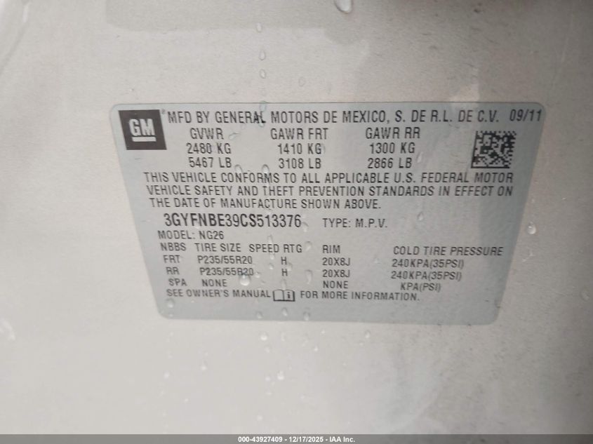 2012 Cadillac Srx Performance Collection VIN: 3GYFNBE39CS513376 Lot: 43927409