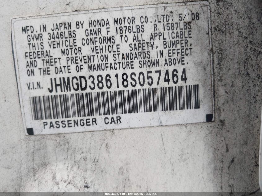 2008 Honda Fit Sport VIN: JHMGD38618S057464 Lot: 43927410