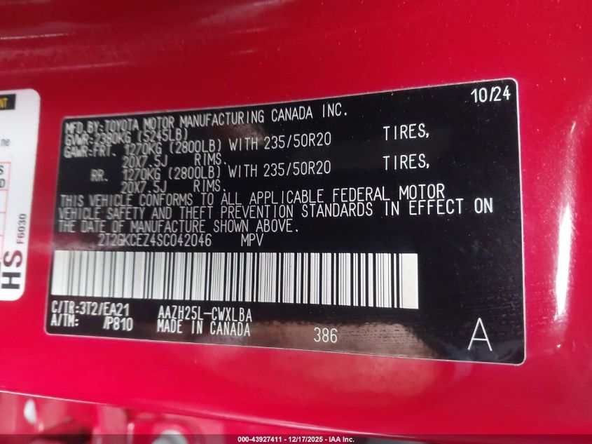 2025 Lexus Nx 350H Premium VIN: 2T2GKCEZ4SC042046 Lot: 43927411