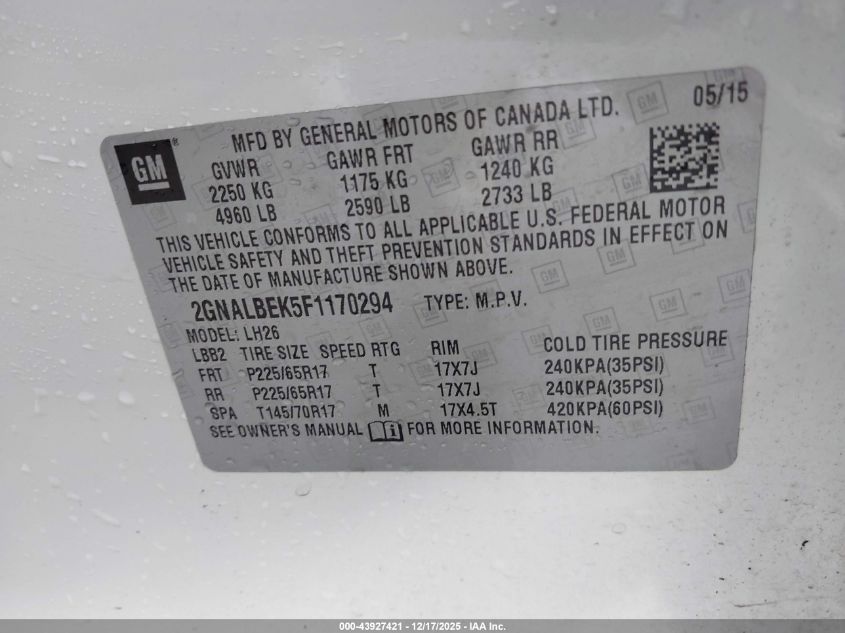 2015 Chevrolet Equinox 1Lt VIN: 2GNALBEK5F1170294 Lot: 43927421